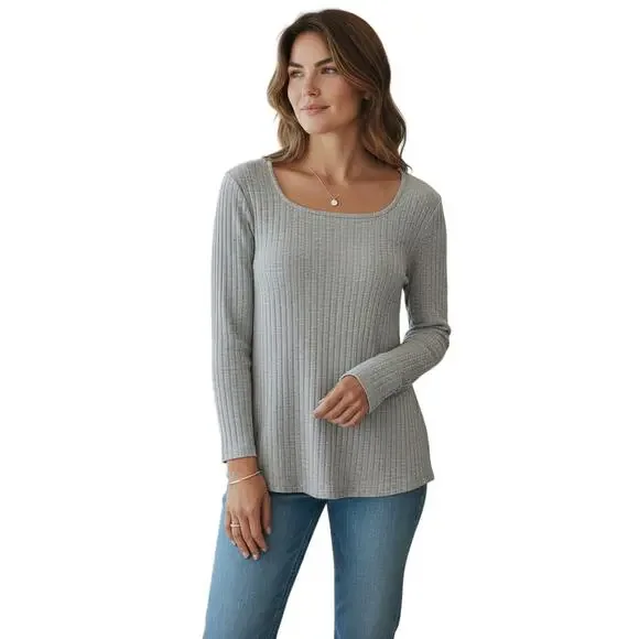 Gray Ribbed Long Sleeve Scoop Neck Soft Stretch Sweater XL EUC - Picture 7 of 7